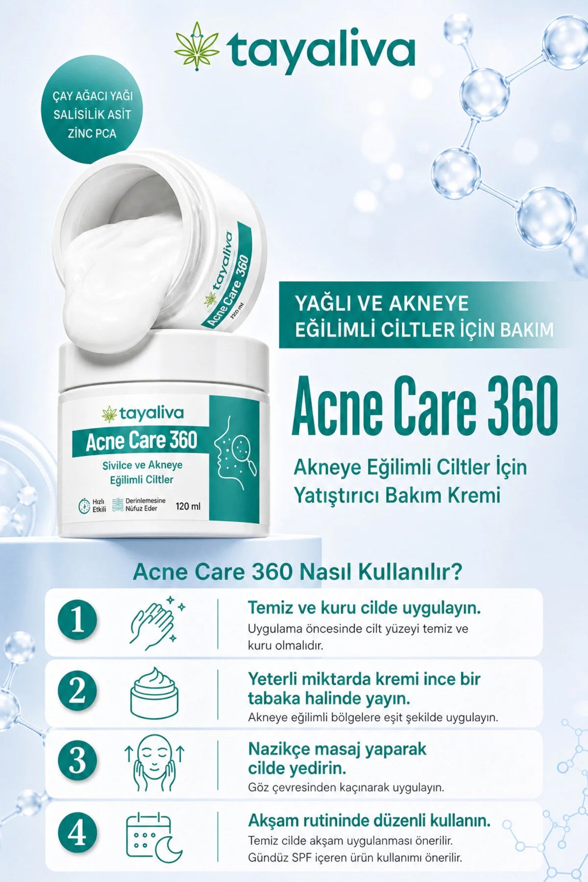Tayaliva Acne Care 360 - Sivılce, Akne ve Siyah Nokta Karşıtı Özel Onarıcı Bakım Kremi